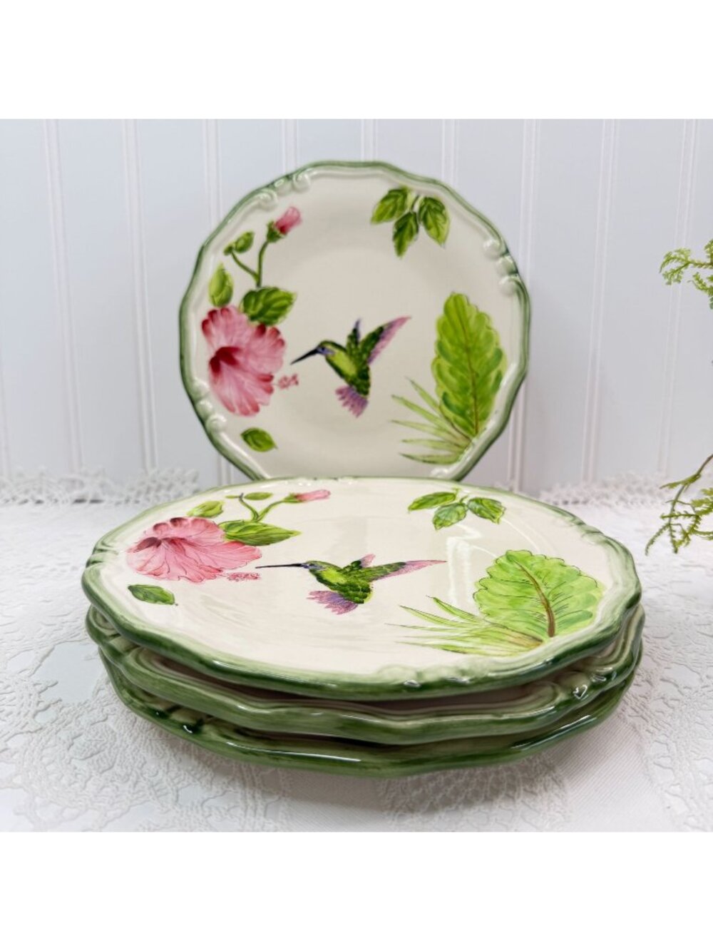 Hand-Painted Hummingbird & Floral Ceramic Salad Plates Scalloped Edge Set Of 4